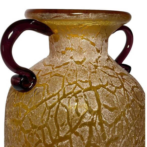 Vintage Hand Blown Art Glass Handled Vase Frosted Crackle Textured Brown Rare - Picture 2 of 10